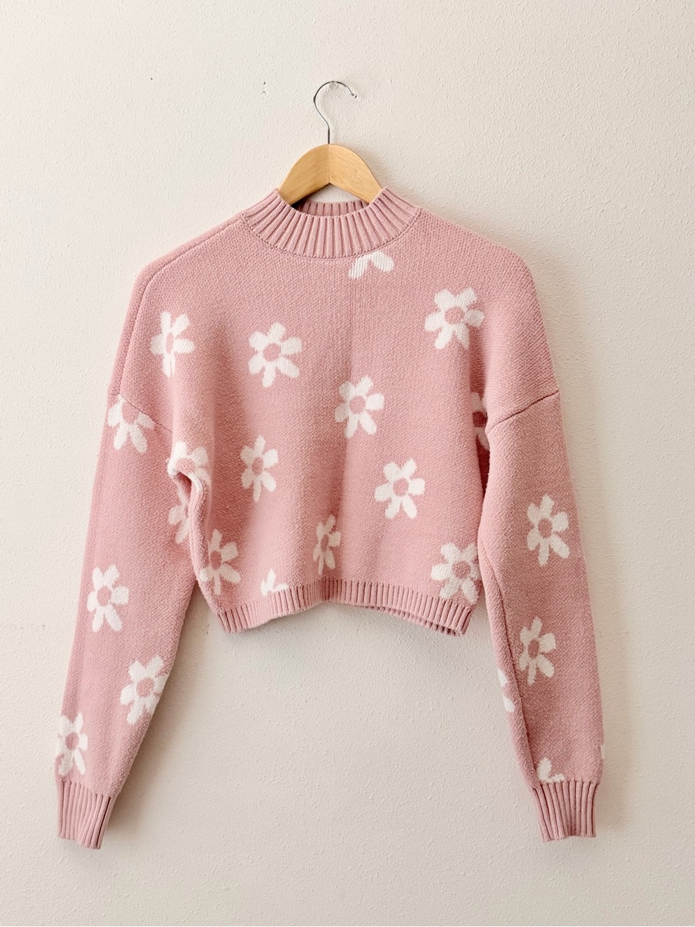 Hollister Pink Floral Cropped Turtleneck Sweater